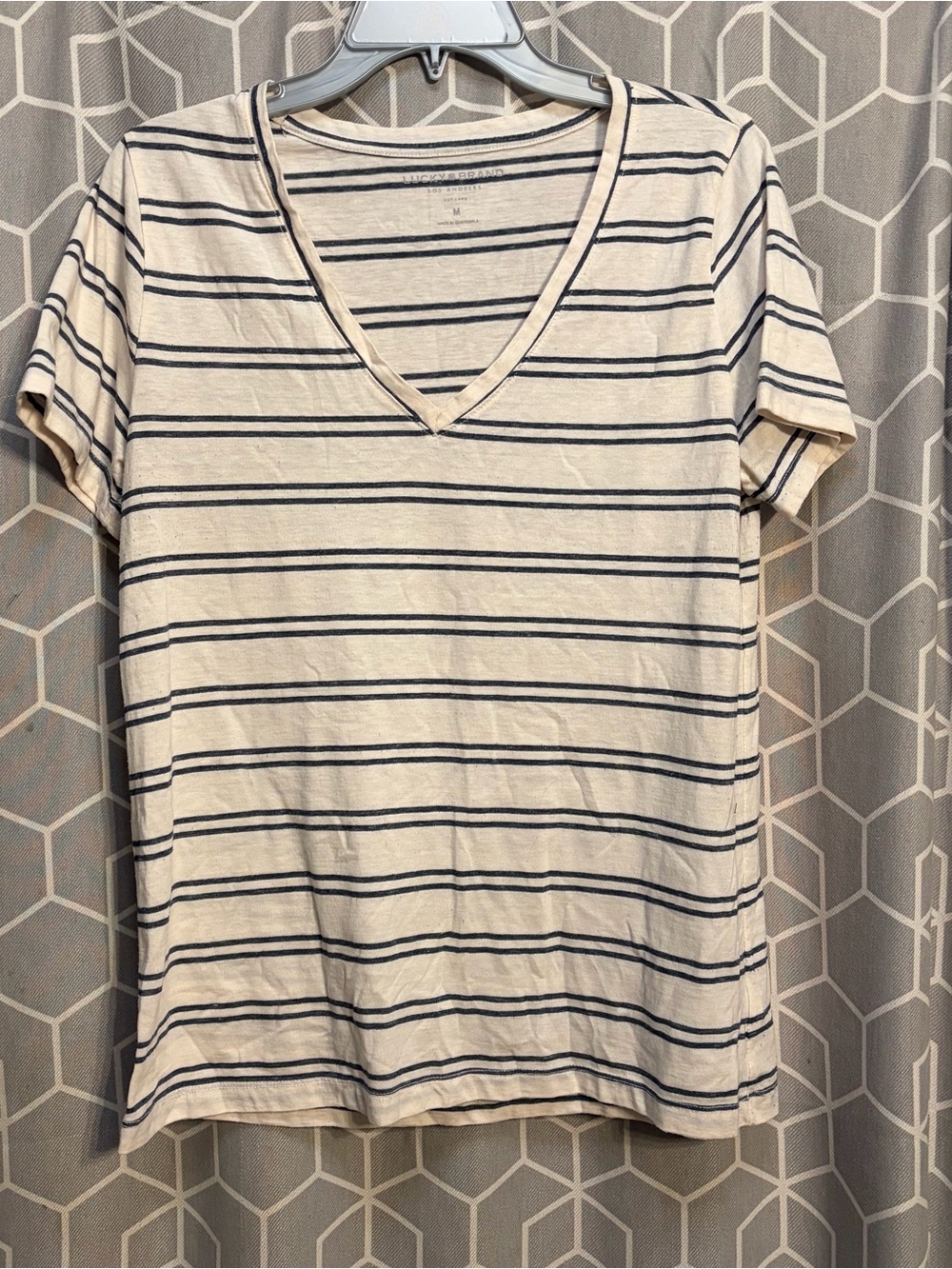 Lucky Brand Cream V-Neck Tee with Navy Stripes